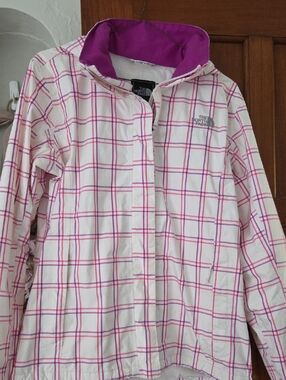 The North Face White Jacket with Pink Purple Plaid With Hood.